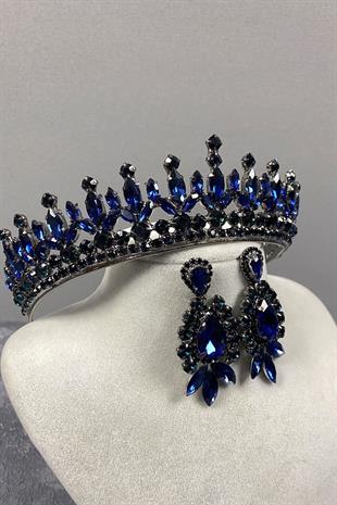 Navy Blue Pedro Stone Bridal Henna Tiara and Earring Set