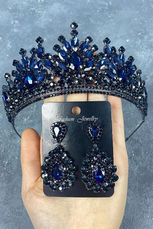 Navy Blue Pera Bridal Henna Crown And Drop Evening Earrings