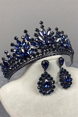 Navy Blue Pera Bridal Henna Crown And Drop Evening Earrings