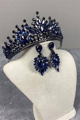 Navy Blue Pera Bridal Henna Crown And Stud Earring Set