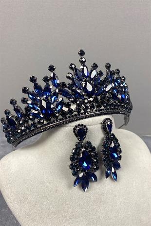 Dark Blue Pera Bridal Henna Tiara and Studded Earrings