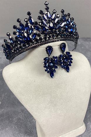 Dark Blue Pera Bridal Henna Crown And Stud Earrings