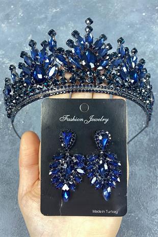 Dark Blue Pera Bridal Henna Crown And Stud Earrings