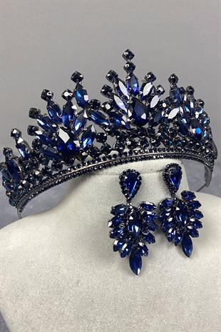Dark Blue Pera Bridal Henna Crown And Stud Earrings