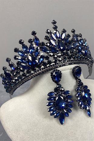Navy Blue Pera Bridal Henna Crown And Stud Earring Set