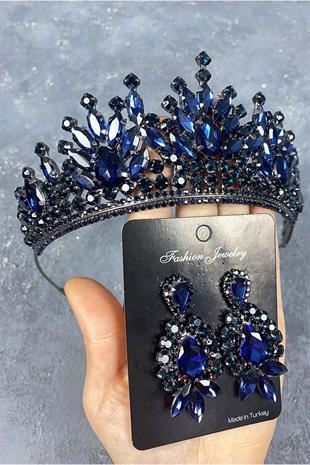 Dark Blue Pera Bridal Henna Tiara and Studded Earrings
