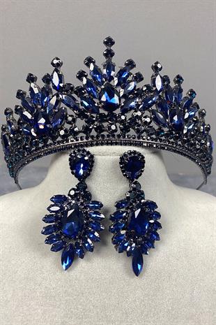 Navy Blue Pera Bridal Henna Crown And Stud Earring Set