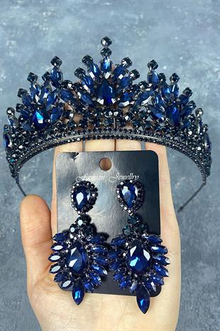 Navy Blue Pera Bridal Henna Crown And Stud Earring Set