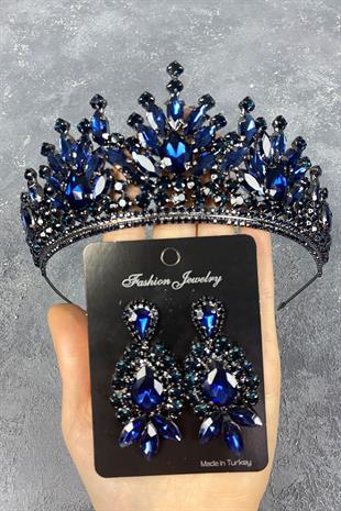 Dark Blue Pera Bridal Henna Tiara and Studded Earrings