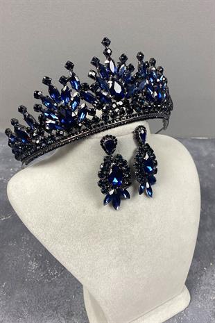 Dark Blue Pera Bridal Henna Tiara and Studded Earrings