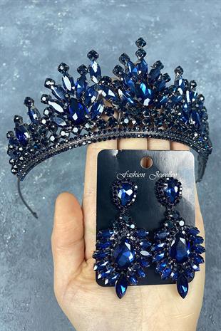 Navy Blue Pera Bridal Henna Crown And Stud Earring Set