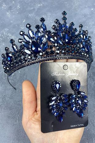 Dark Blue Pera Bridal Henna Crown And Stud Earrings