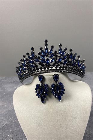 Navy Blue Rio Stone Bridal Henna Tiara and Stud Earrings