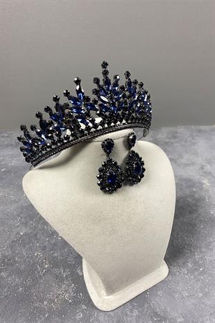 Lacivert Rio Taşlı Gelin Kına Tacı Ve Abiye Küpe Seti