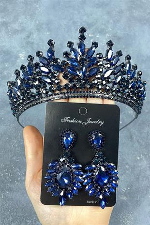 Navy Blue Rio Stone Bridal Henna Crown And Stud Stone Earring Set
