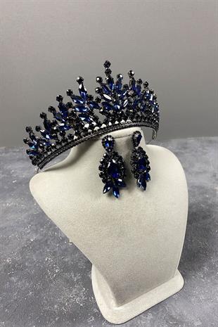 Navy Blue Rio Stone Bridal Henna Crown And Shuttle Pattern Earrings