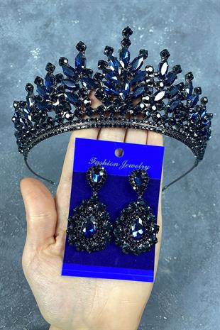 Lacivert Rio Taşlı Gelin Kına Tacı Ve Abiye Küpe Seti