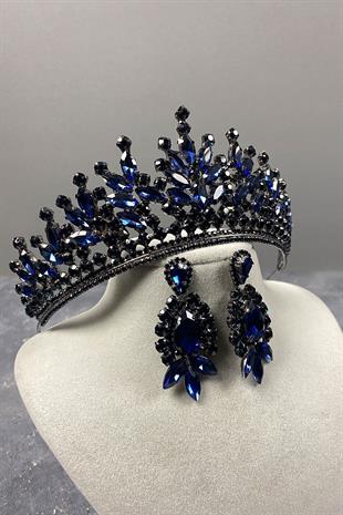 Navy Blue Rio Stone Bridal Henna Crown And Shuttle Pattern Earrings