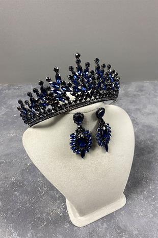 Navy Blue Rio Stone Bridal Henna Crown And Stud Stone Earring Set