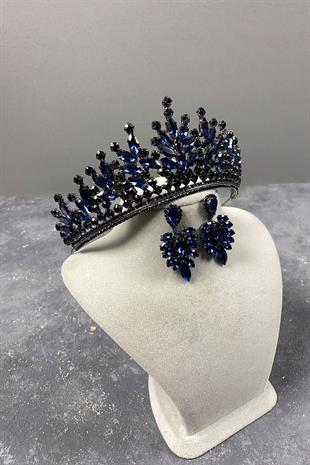 Navy Blue Rio Stone Bridal Henna Tiara and Stud Earrings