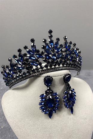Navy Blue Rio Stone Bridal Henna Crown And Stud Stone Earring Set
