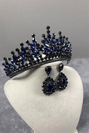 Lacivert Rio Taşlı Gelin Kına Tacı Ve Abiye Küpe Seti