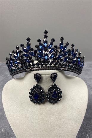 Lacivert Rio Taşlı Gelin Kına Tacı Ve Abiye Küpe Seti