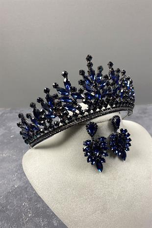 Navy Blue Rio Stone Bridal Henna Tiara and Stud Earrings