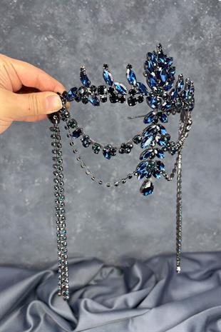 Lacivert Sallantılı Alınlık Almeda Gelin Kına Tacı