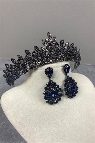 Navy Blue Sara Dense Stone Bridal Henna Tiara and Drop Stone Earring