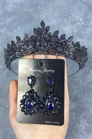 Navy Blue Sara Dense Stone Bridal Henna Tiara and Drop Stone Earring