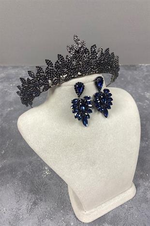 Navy Blue Sara Dense Stone Bridal Henna Tiara and Stud Earrings Set