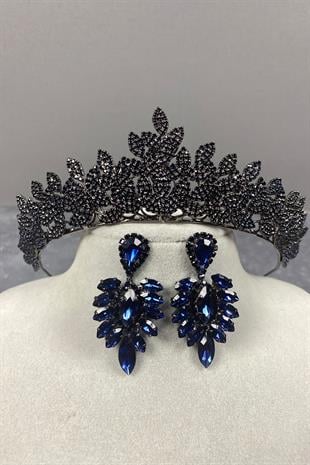 Navy Blue Sara Dense Stone Bridal Henna Tiara and Stud Earrings Set