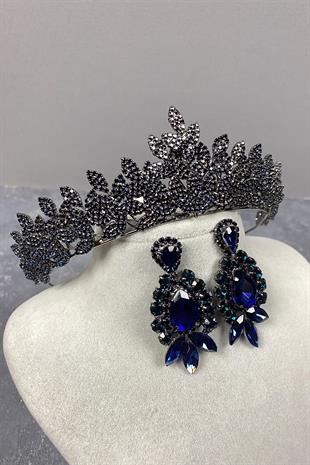 Navy Blue Sara Dense Stone Bridal Henna Tiara and Earring
