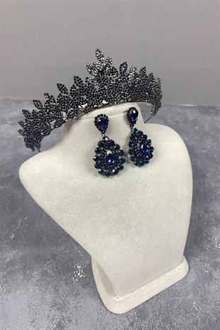 Navy Blue Sara Dense Stone Bridal Henna Tiara and Drop Stone Earring