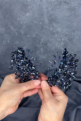 Lacivert Selis Çift Taraflı Gelin Kına Tacı Saç Aksesuarı