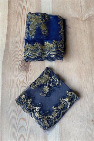 Navy Blue Glitter Foil Printed Bridal Halay Handkerchief 50 pcs
