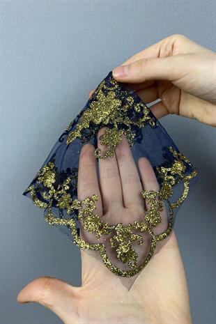 Navy Blue Glitter Foil Printed Bridal Halay Handkerchief 10 pcs