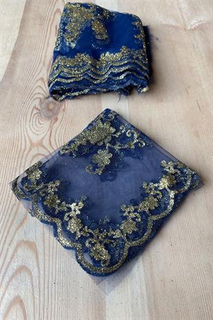 Navy Blue Glitter Foil Printed Bridal Halay Handkerchief 50 pcs