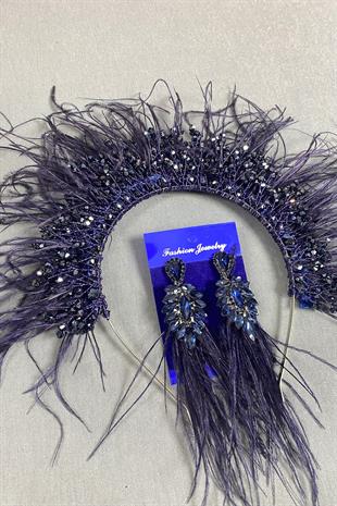 Navy Blue Sirius Crystal Beaded Feathered Bridal Henna Crown and Earrings