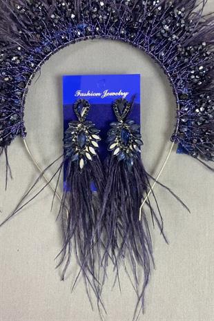 Navy Blue Sirius Crystal Beaded Feathered Bridal Henna Crown and Earrings