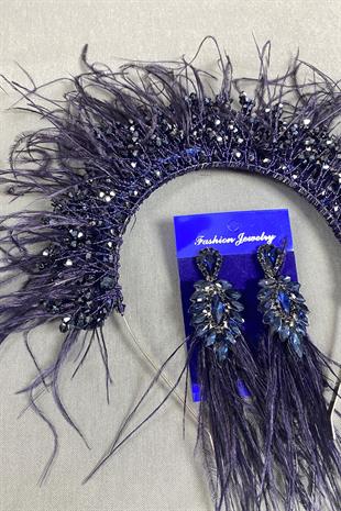 Navy Blue Sirius Crystal Beaded Feathered Bridal Henna Crown and Earrings