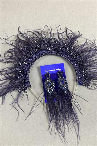 Navy Blue Sirius Crystal Beaded Feathered Bridal Henna Crown and Earrings