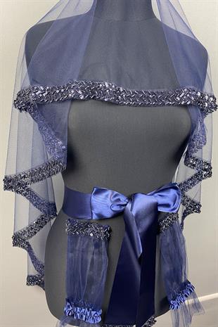 Lacivert Su Model İşlemeli Gelin Kına Duvağı Yüz Örtüsü