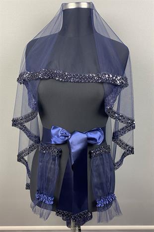 Lacivert Su Model İşlemeli Gelin Kına Duvağı Yüz Örtüsü