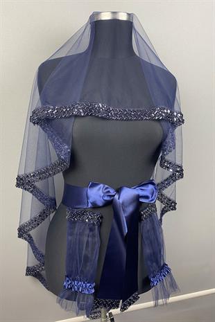 Lacivert Su Model İşlemeli Gelin Kına Duvağı Yüz Örtüsü