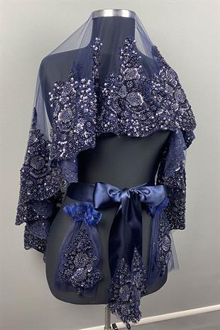 Lacivert Sultan Model Özel İşlemeli Gelin Kına Duvağı Yüz Örtüsü