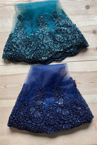 Lacivert Sultan Model Özel İşlemeli Gelin Kına Duvağı Yüz Örtüsü