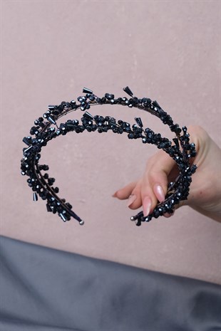 Lacivert Talya Çift Sıralı Boncuklu Gelin Kına Tacı