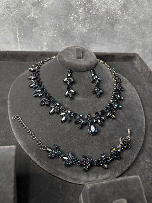 Lacivert Taşlı Kolye Küpe Bileklik Set Şık Zarif Günlük ve Abiye Kombin Takı